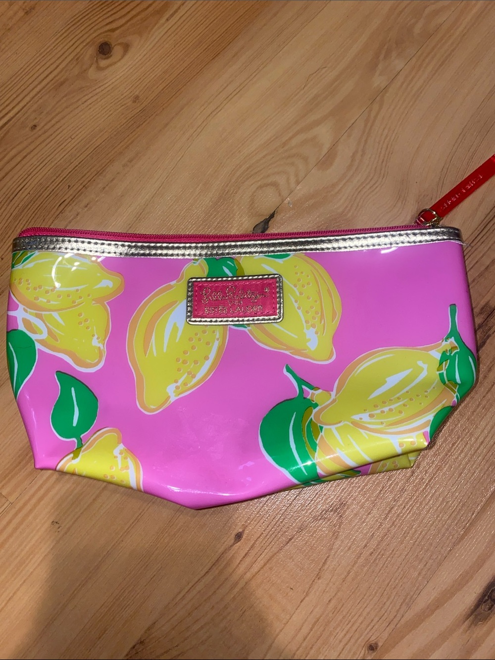 Lilly Pulitzer Pink Lemon Print Cosmetic Pouch with Gold Trim